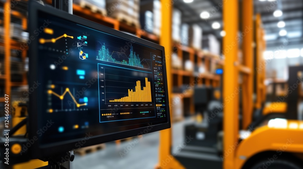 Poster data analysis screen in warehouse environment with bar graph and stock inventory indicators for indu
