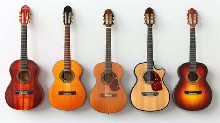 Set of various guitars, variety of acoustic guitars isolated on white background. Colorful vintage acoustic guitars	
