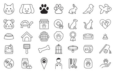 Pet and Vet Icons. Dog, Cat, Rabbit, Bird, Turtle, Hamster, Food, and Grooming. Transparent Background Lined Animal Art. 