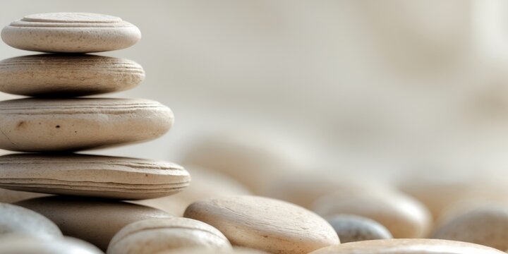Close up of a stack of smooth round stones with visible texture.
