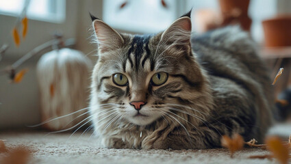 A cute grey tabby cat on a kitchen table, looking curious with bright eyes and soft fur