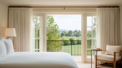 Fototapeta premium serene hotel room with large bed, soft white linens, and view of lush greenery through glass doors. natural light creates calming atmosphere, perfect for relaxation
