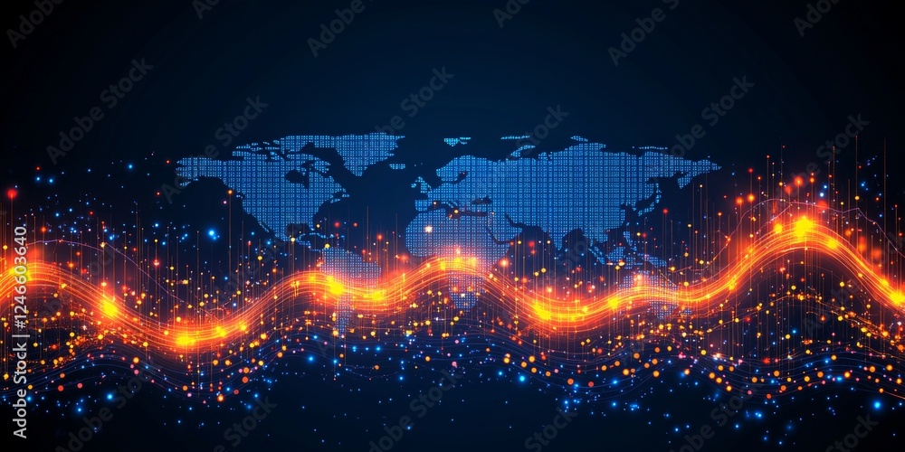 Poster abstract world map with glowing lines, data visualization and global connections concept