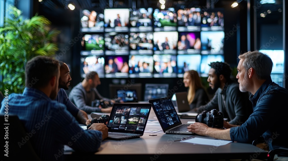 Poster group of creative professionals engaged in a meeting surrounded by multiple screens showcasing vario