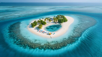 Obraz premium Tropical paradise island with sandy beach and calm turquoise waters in a sunny sky