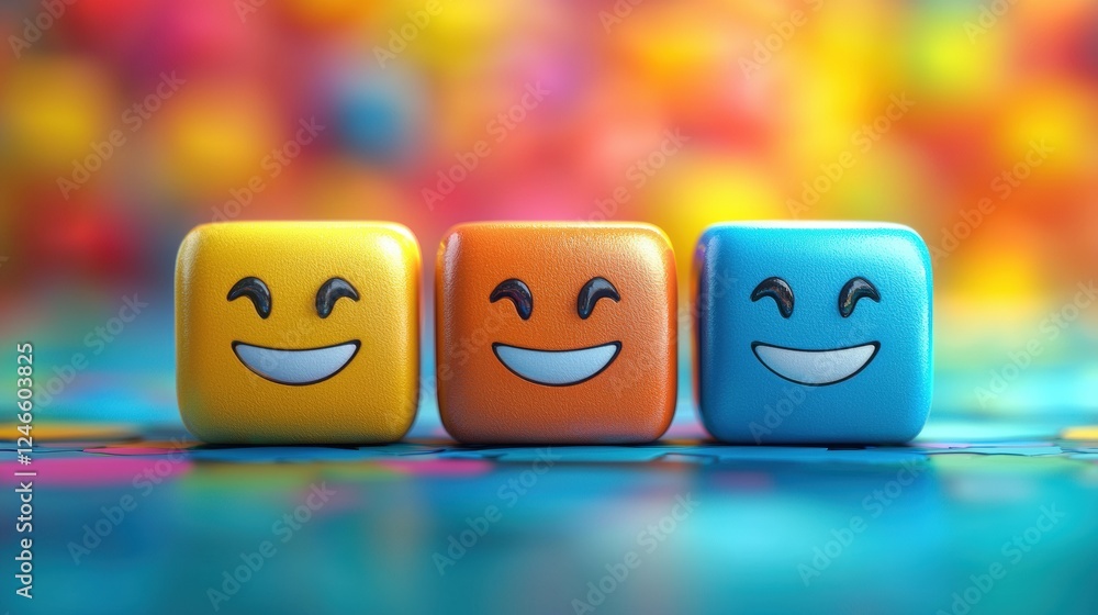 Poster vibrant 3d blocks with cheerful smiling faces on colorful background for fun and playful designs