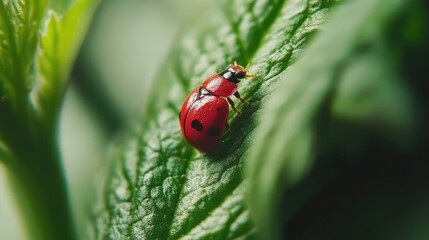 Fototapeta premium Close-Up of a Ladybug on a Green Leaf in Natural Environment