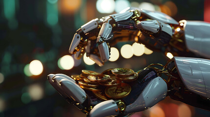 AI(Artificial Intelligence) and Financial Technology concept.Robot Hand holding stacking pile of coins and analyzing the stock market