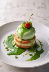 Simple dessert on a white plate with green sauce drizzle, green condiment, white plate