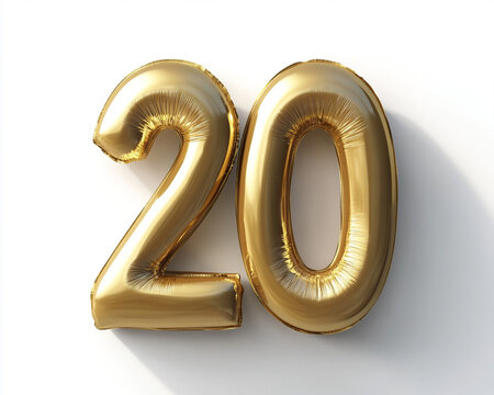 Golden number twenty standing upright, stylish milestone typography design representing celebrations, anniversaries, and success
