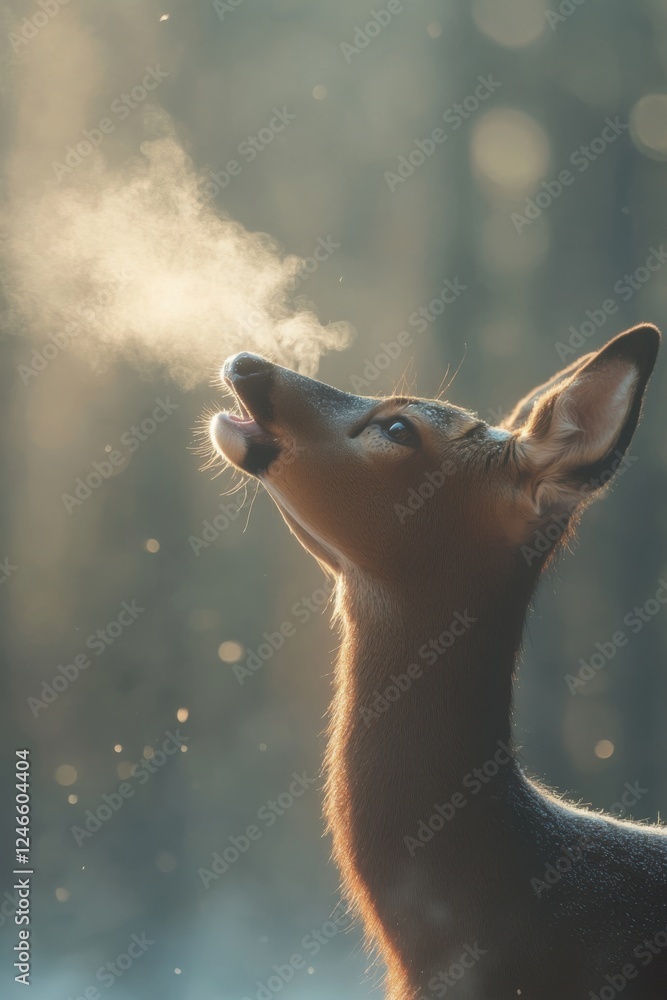 Poster panting deer anxiously uses inhaler while jogging in a serene forest setting