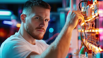 Focused technician working on circuit board, adjusting connections amid glowing lights in modern workspace, showcasing electrical engineering skills and innovation