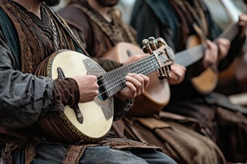 A detailed close-up of medieval music instruments being played in a historical reenactment setting.