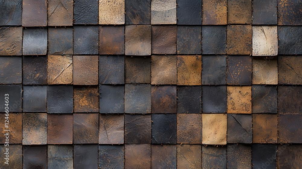 Poster rustic leather tiles arranged in a square pattern showcasing earthy tones and textures.