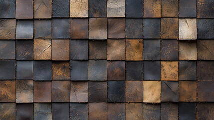 Rustic leather tiles arranged in a square pattern showcasing earthy tones and textures.