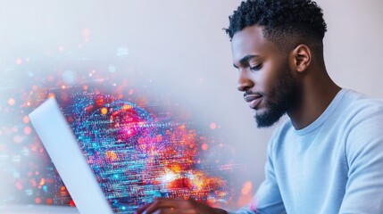 A young software engineer typing on a laptop with focus, while colorful holographic code streams appear around the screen