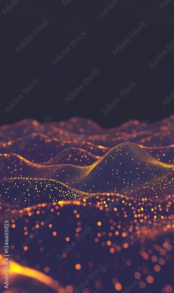 Poster abstract glowing particle waves on dark background, ideal for digital art or tech visuals