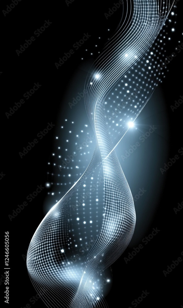 Poster abstract glowing wave with particles on black background for digital art projects