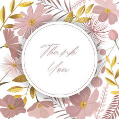 Botanical template with golden leaves and gentle meadow flowers. Round floral frame for greeting card, invitation.