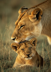 Obraz premium Lioness lovingly interacts with her cub in a peaceful savannah setting during golden hour