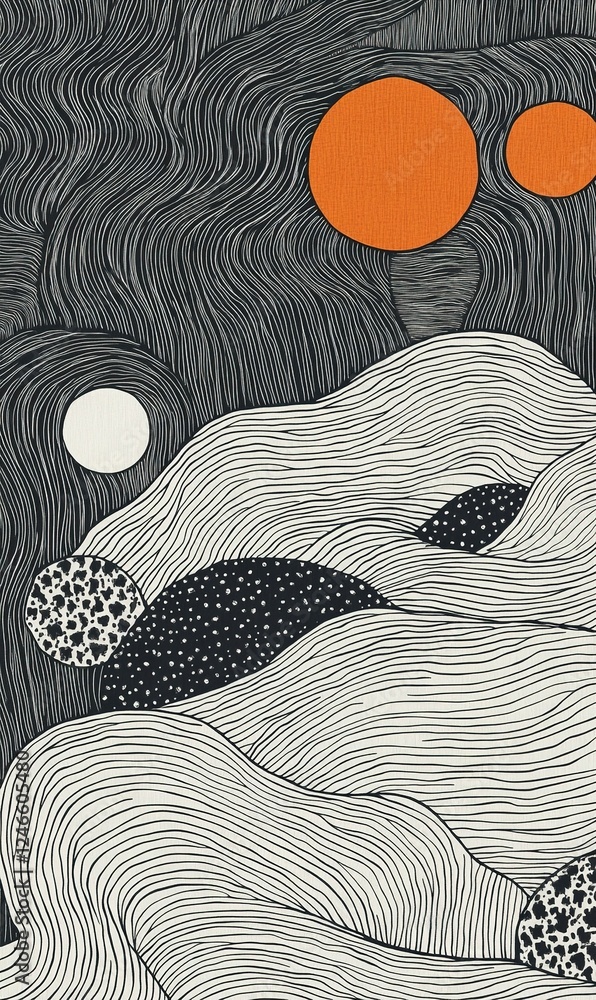 Poster abstract landscape with rolling hills, celestial orbs, and textured patterns, ideal for backgrounds 