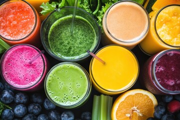 Top view of various colorful and healthy smoothies in glasses with straws, made from fresh fruits and vegetables, served with berries, oranges, and leafy greens, a nutritious drink selection.