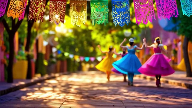 Colorful papel picado banners hanging in a sunlit street festival Happy Cinco de mayo