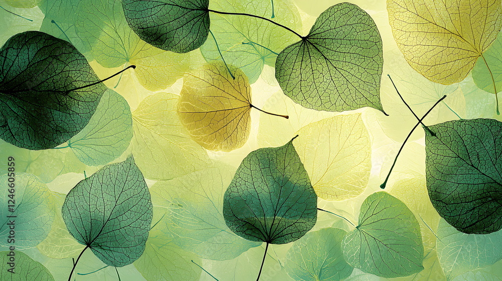 Poster translucent green leaves overlapping on a soft light background creating a serene atmosphere