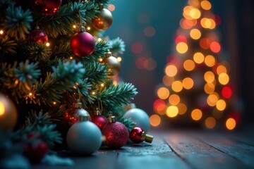 Glittering Christmas tree, colorful ornaments, soft bokeh lights , ornaments, tree, magic