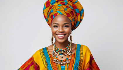 Smiling African woman in traditional colorful outfit and headwrap with beaded jewelry against neutral background