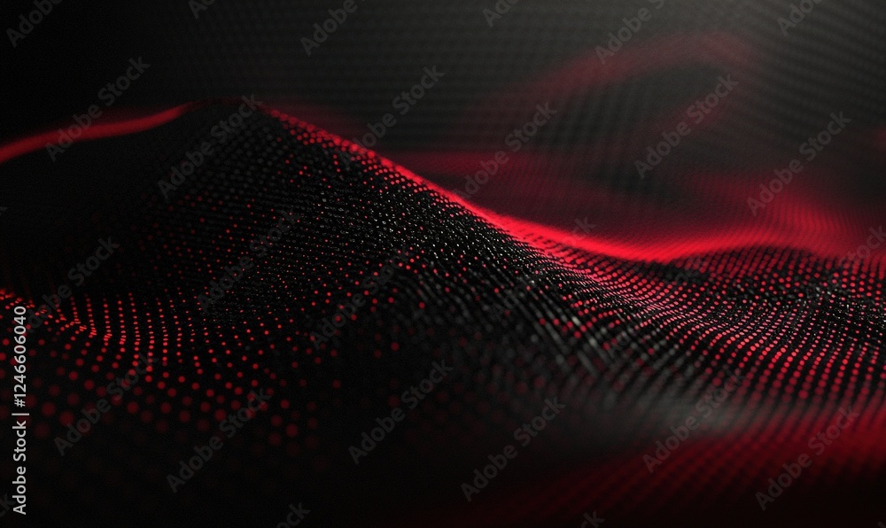 Poster abstract red digital wave particles flowing on dark background for technology or design