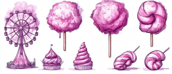 Cute Cartoon Vector Style Carnival Illustration Set Featuring Ferris Wheel and Cotton Candy Treats