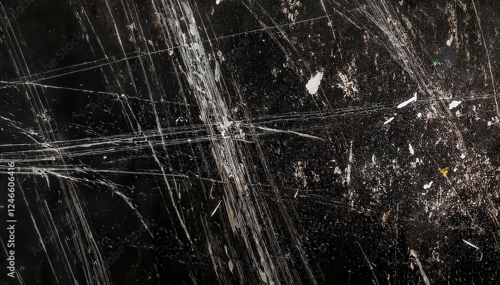 Poster grunge scratched black texture with diagonal lines and abstract marks for industrial design and vintage graphic projects

