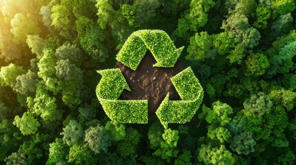 Green Recycle Symbol Surrounded by Lush Trees Representing Environmental Sustainability and Nature Conservation