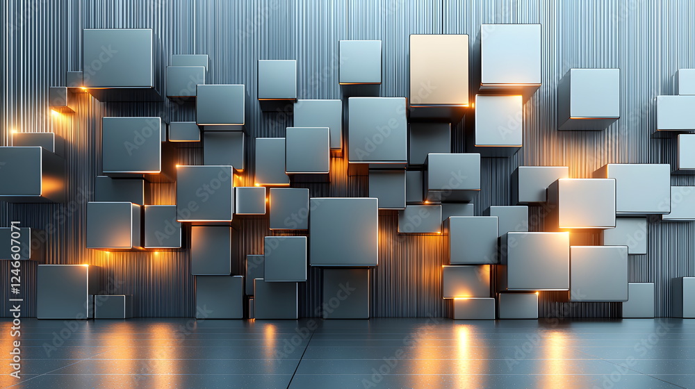 Poster illuminated geometric cubes arranged on a metallic background with reflective surfaces and shadows.
