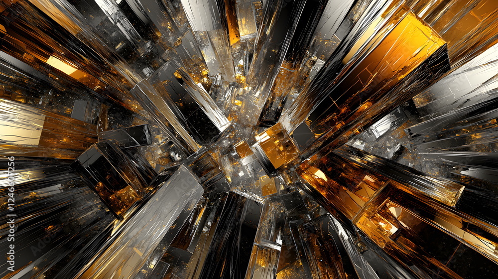 Poster golden black silver abstract crystal structure with dynamic reflections and sharp angles