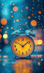 Alarm clock glowing in snowy, bokeh-lit night, ideal for time or deadline concepts