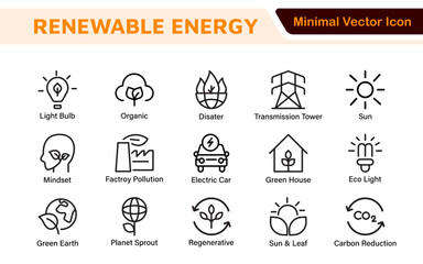 Renewable Energy Icon Set. A dynamic collection of icons showcasing sustainable energy solutions, perfect for environmental projects, educational materials, and green technology applications.