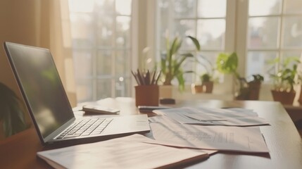 Organized desk with financial tools, laptop, and documents, symbolizing efficiency and professionalism in modern work.