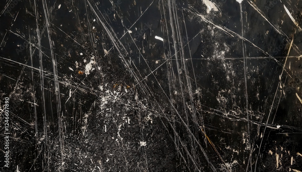 Poster grunge scratched black texture with diagonal lines and abstract marks for industrial design and vintage graphic projects


