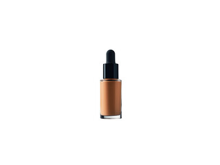 A sleek bottle of foundation with a dropper, showcasing a rich caramel shade ideal for enhancing skin tone.