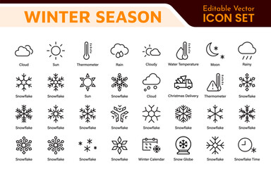 Winter Icon Set. A cozy collection of icons capturing the essence of the winter season, perfect for enhancing holiday-themed projects, seasonal promotions, and winter sports applications.