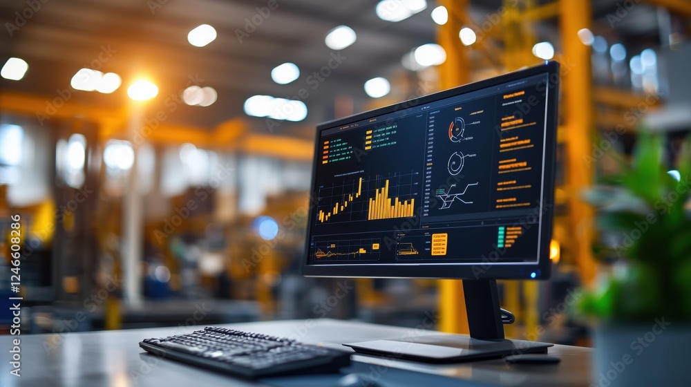 Fototapete Modern Computer Monitor Displaying Data Analytics in Industrial Setting with Workflow Visualization and Business Metrics on Screen