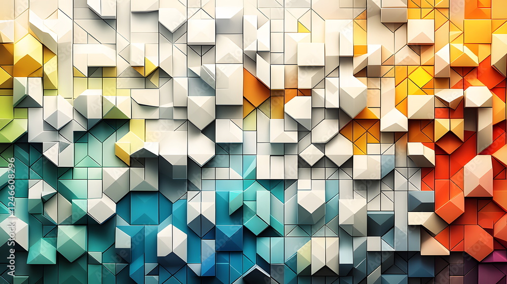 Poster colorful geometric pattern with three-dimensional shapes on a bright background.