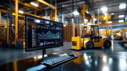 Modern Warehouse Interior with Digital Monitor Displaying Data Analysis Software and Forklift in Background for Industrial Logistics Management