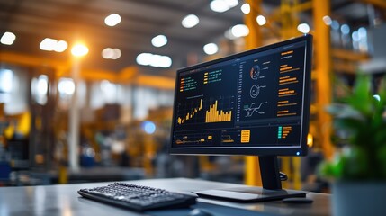 Modern Computer Monitor Displaying Data Analytics in Industrial Setting with Workflow Visualization and Business Metrics on Screen