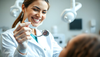 Fototapeta premium Smiling Female Dentist Examining Patient's Teeth in Modern Denta