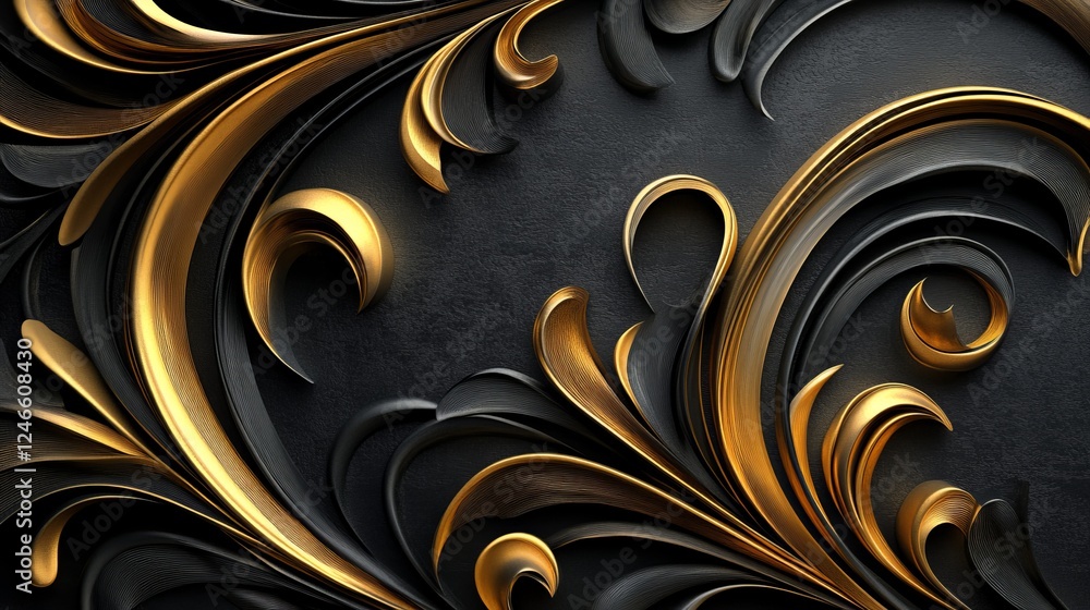 Poster elegant black and gold abstract design featuring flowing curves and intricate patterns