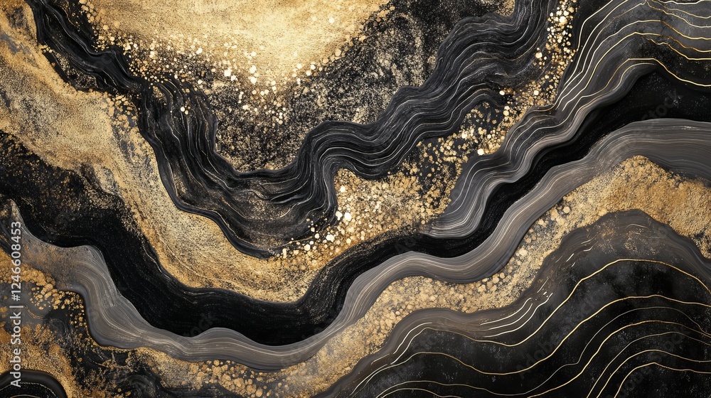 Poster elegant abstract design featuring flowing black and gold patterns on a textured background