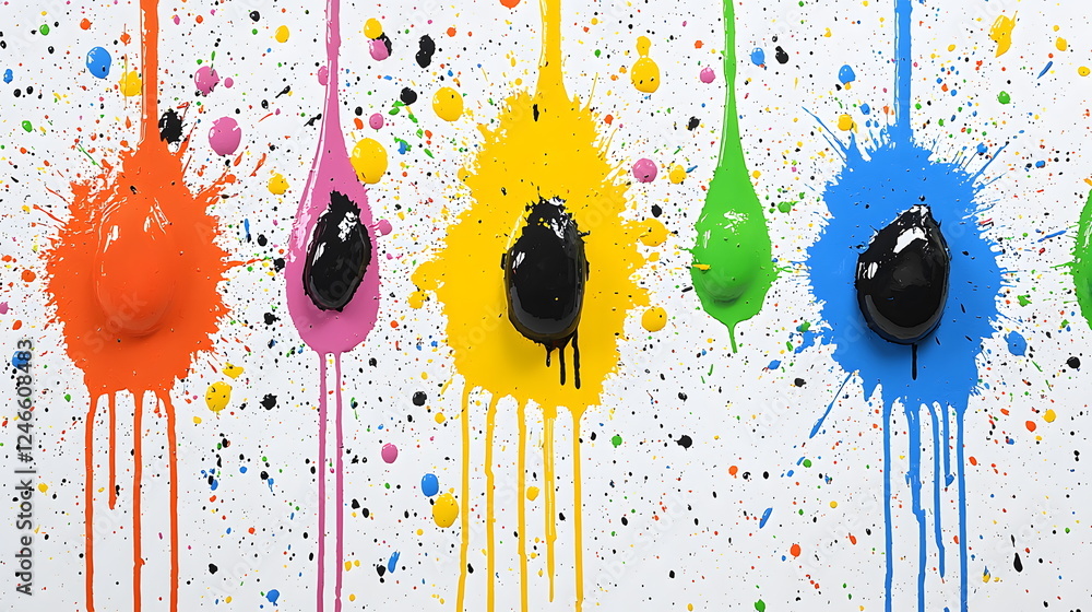 Poster colorful splashes of paint dripping from black paint blobs on a white background with vibrant colors